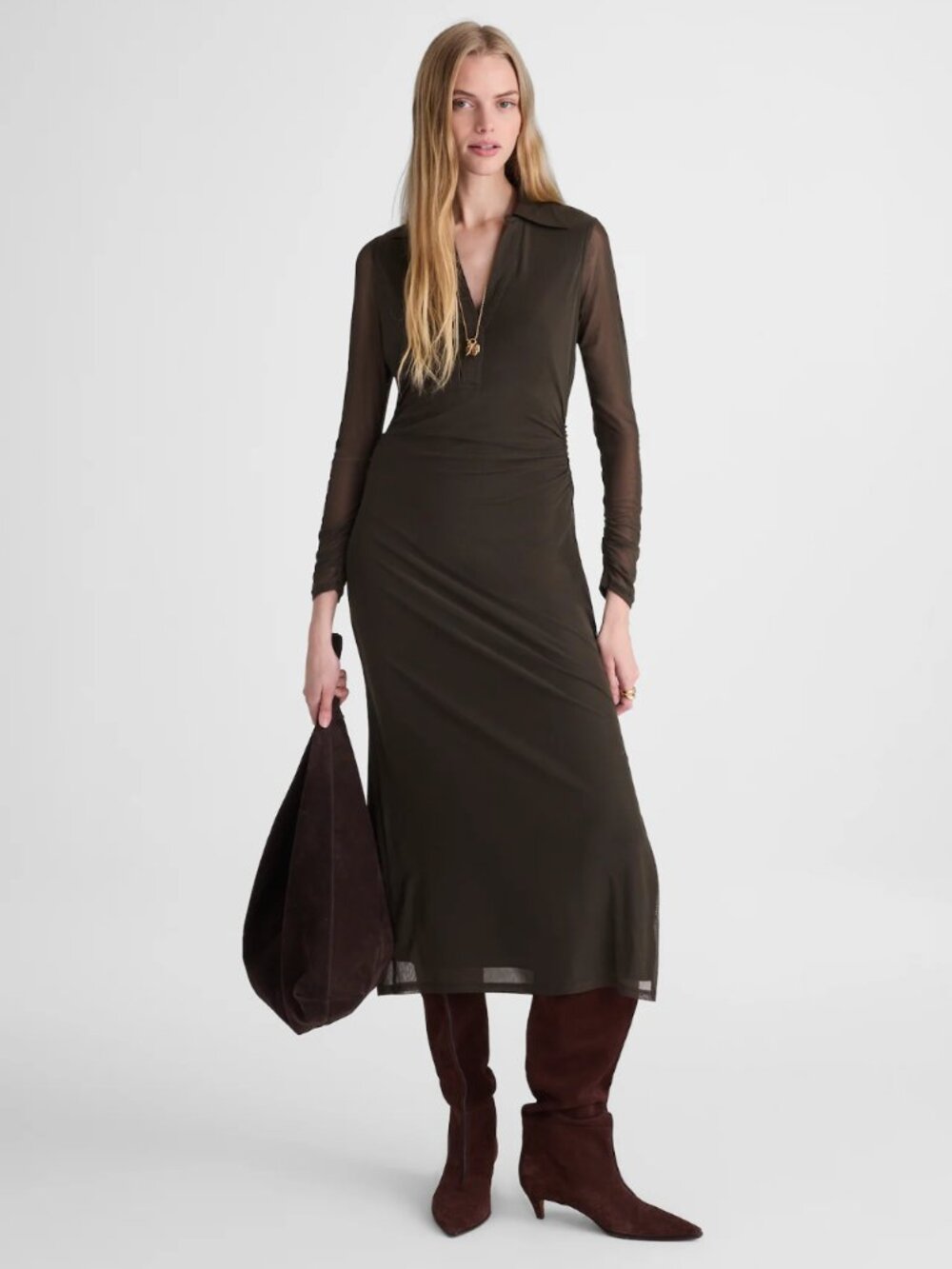 Madewell Mesh Sleeve Polo Midi Dress Midnight Olive XS NWT